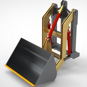 Op de afbeelding: Een grijze en gouden graafmachinebak met rode hydraulische cilinders, ontworpen voor de bouw. De bak heeft een gele rand. De afbeelding is een 3D-rendering. Ontworpen voor grondverzet.