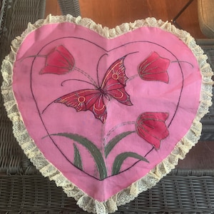 Vintage Sheer Fabric Hand Embroidered Butterfly Tulips Pillow Top Cushion Cover