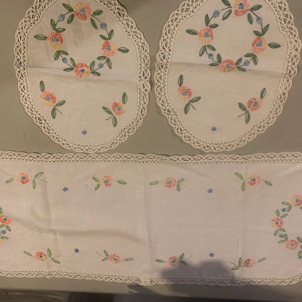 3 Piece Vintage Hand Embroidered Dresser Scarves/Runners