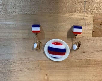 Vintage Mid Century Plastic Red White Blue Pin and Clip Earrings