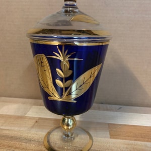 Vintage Cobalt Blue Bohemian Pedestal Dish with Lid Gilded Gold Leaf Design