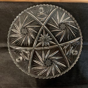 Vintage Etched Crystal Pinwheel Design Footed Cake Plate