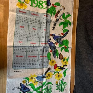 Vintage 1983 Calendar Kitchen Tea Towel with Bird Motif
