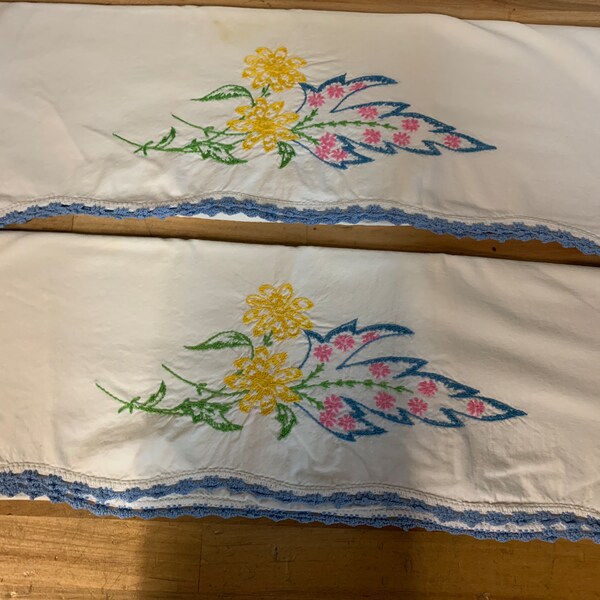 2 Vintage Hand Embroidery/Crochet Floral Pillowcase