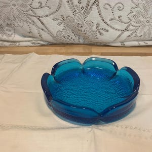 Vintage Glass Pedal Flower Shaped Bule Glass Ashtray Mid century