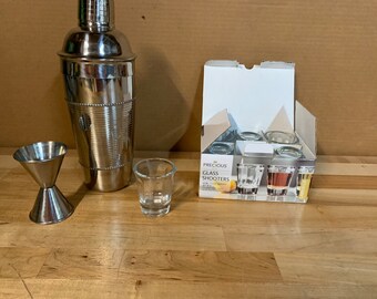 Trudeau Stainless Steel Bar Shaker, 2 Size Shot Glass, 6 New Glass Shooters
