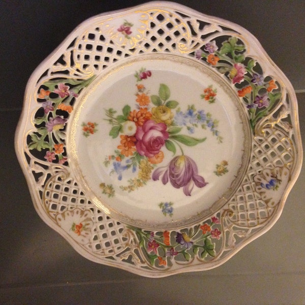 Vintage Schuann Dresden Bavaria Reticulated Floral Plate with Hanger