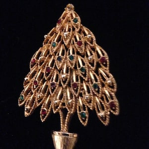 Gold Tone Christmas Tree Holiday with Rhinestones Pin Brooch