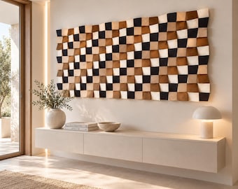 3D-Wandkunst aus Holz, Schwarz, Gold und Natur, geometrische Holzskulptur