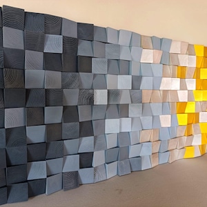 Escultura de pared de madera gris y dorada, panel acústico 3D