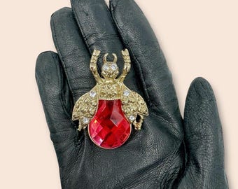 Vintage Strass Käfer Brosche Rot Juwel Gold Tone Bug Insekt Pin Pave Kristalle