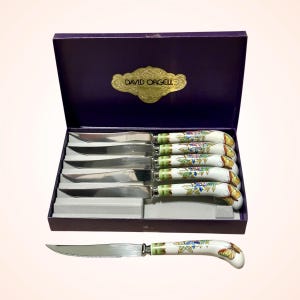 Vintage 70s/80s David Orgell Steak Knives Set of 6 Stainless Steel Knives With Floral Butterfly Porcelain Handles in Original Box