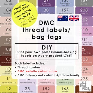 DMC Stickgarn Etiketten | Sabine L7651 | Farbnamen (pro DMC-Website) & Nummern | Sofort pdf Download (Australasien, UK)