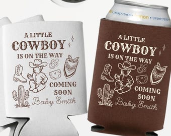 A Little Cowboy Is On The Way Baby Shower Can Coolers Custom Western Baby Shower Favors and Gifts for Guests