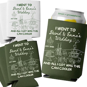 Custom Wedding Can Cooler, Drink Sleeve Favor for Guests, Custom Koozie with Names & Date, Retro Wedding Gift Idea image 1