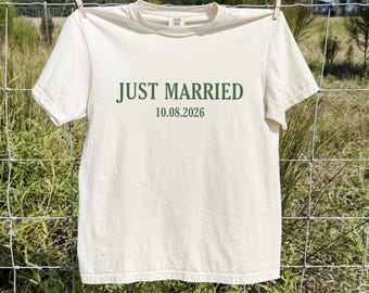 Just Married Comfort Colors Shirt, Custom Name Honeymoon Tee, Newlywed Matching Shirts, Personalized Wedding Couple Gift