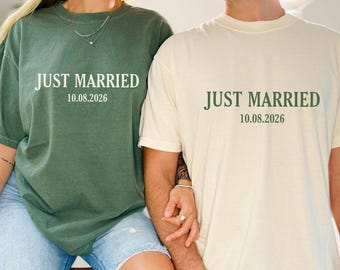 Just Married Comfort Colors Shirt, Custom Name Honeymoon Tee, Newlywed Matching Shirts, Personalized Wedding Couple Gift