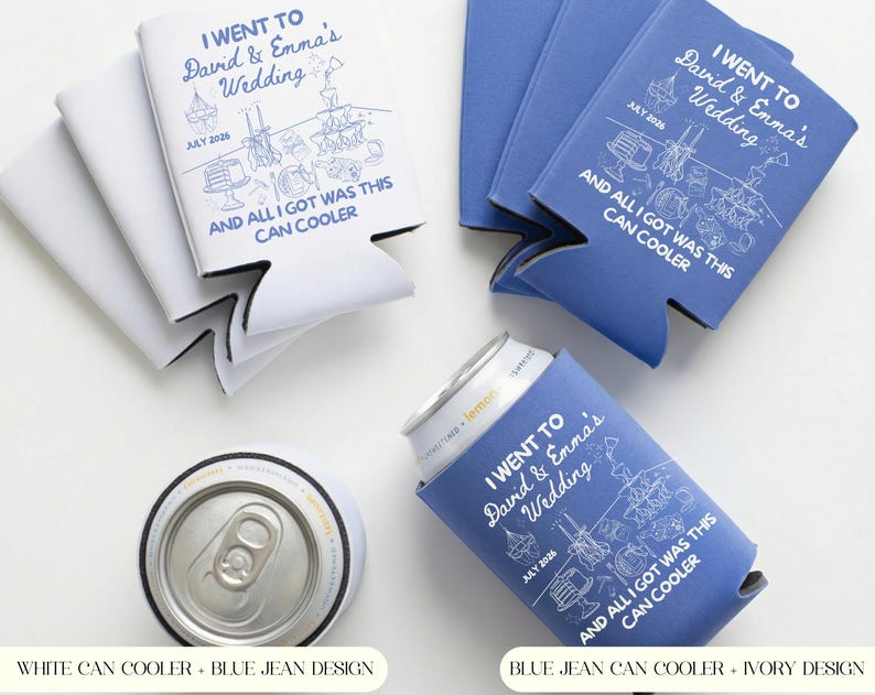 Custom Wedding Can Cooler, Drink Sleeve Favor for Guests, Custom Koozie with Names & Date, Retro Wedding Gift Idea image 3