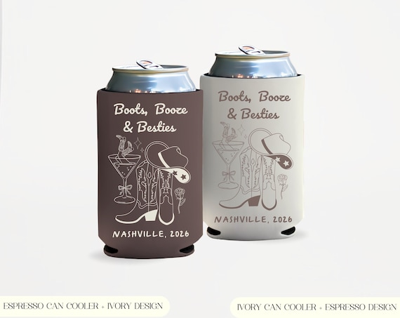 Boots Booze Besties Custom Girls Trip Can Cooler, Nashville Trip Can Cooler, Western Can Holder, Cowgirl Custom Drink Sleeve