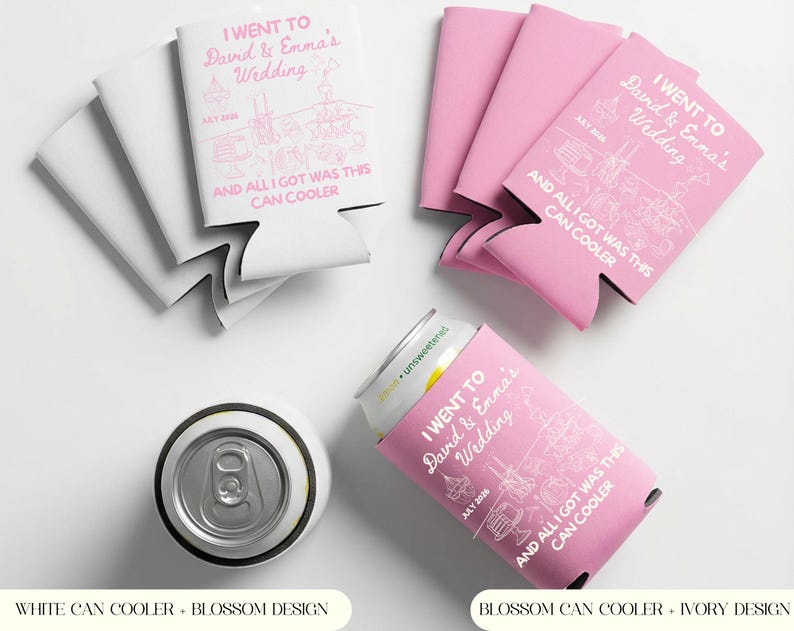 Custom Wedding Can Cooler, Drink Sleeve Favor for Guests, Custom Koozie with Names & Date, Retro Wedding Gift Idea image 2