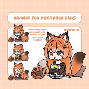 May include: A digital character sheet titled ORANGE FOX PNGTUBER PLUS featuring an orange-haired fox character with large eyes, fox ears, and a tail. The graphic displays toggles for gaming, a cup, and glasses, with text noting 720x720 px resolution.