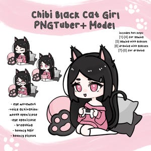 Black Cat Girl Pngtuber Plus Model | Pre-made Avatar Ready-to-use for Streaming with PNGTuber+ | Includes Drawing and Gaming Toggles
