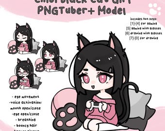 Black Cat Girl Pngtuber Plus Model | Pre-made Avatar Ready-to-use for Streaming with PNGTuber+ | Includes Drawing and Gaming Toggles