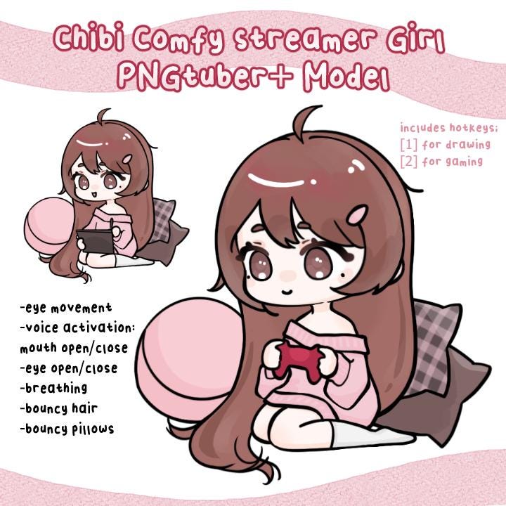 Comfy Streamer Girl Pngtuber Plus Model |  Pre-made Avatar Ready-to-use for Streaming with PNGTuber+ | Includes Drawing and Gaming Toggles