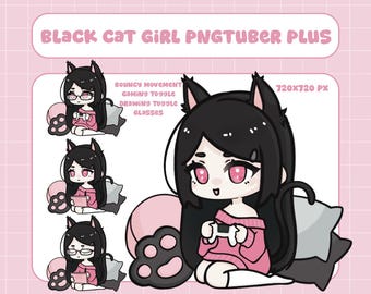 Modelo de chica gato negro de PNGtuber Plus / Avatar prediseñado listo para usar para transmitir con PNGTuber+ / Incluye botones de dibujo y juegos