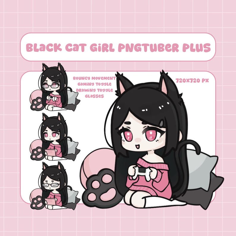 以下が含まれることがあります： 黒髪と猫耳を持つアニメスタイルのキャラクターのデジタルイラスト。ピンクのセーターを着てゲームコントローラーを持っています。「Black Cat Girl PNGTuber Plus」の文字がキャラクターの上に表示されています。