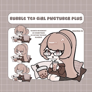 May include: Cartoon illustration of a girl with long brown hair, glasses, and a brown sweater, holding bubble tea. The image includes the text "BUBBLE Tea GIRL PNGTUBER PLUS". Additional text includes "BOUNCY MOVEMENT, 2X HAIRSTYLES, 2X ACTION TOGGLES, GLASSES, 720x720 PX".