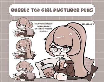 Chica de té de burbujas Pngtuber Plus Modelo / Avatar prediseñado listo para usar para transmitir con PNGTuber+ / Incluye 2 peinados + 3 botones de actividad