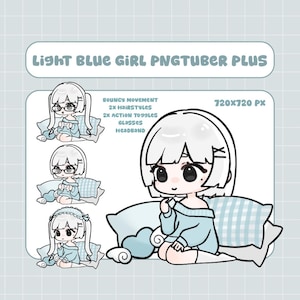 Puede incluir: Ilustraci&oacute;n digital de una chica PNGTuber azul claro con cabello blanco, sentada sobre almohadas. La imagen incluye texto que dice "Light Blue Girl PNGTuber Plus", "Bouncy Movement", "2x Hairstyles", "2x Action Toggles", "Glasses" y "Headband". La imagen es de 720x720 px.