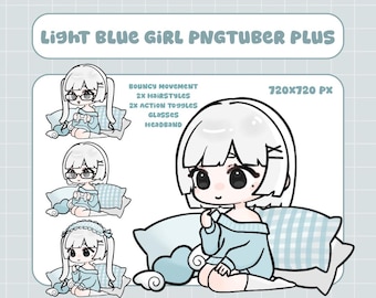 ライトブルーガール PngTuber Plus モデル | PNGTuber+ でのストリーミングにすぐに使用できる既成アバター | アクティビティとアクセサリのトグルが含まれています。