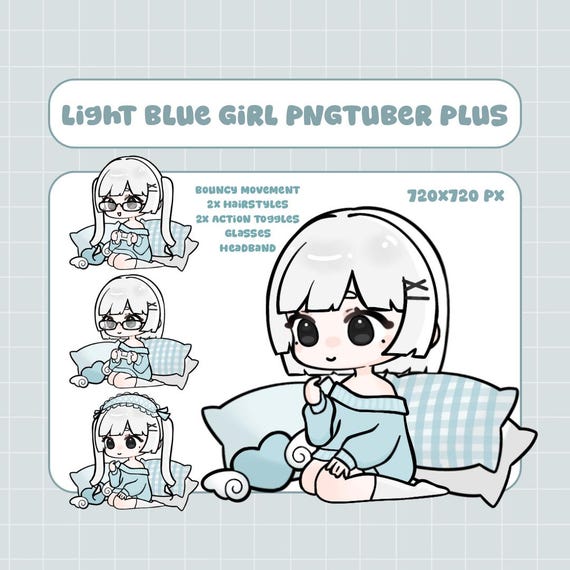 Light Blue Girl PngTuber Plus Model | Pre-made Avatar Ready-to-use for Streaming with PNGTuber+ | Includes Activity and Accessory Toggles.
