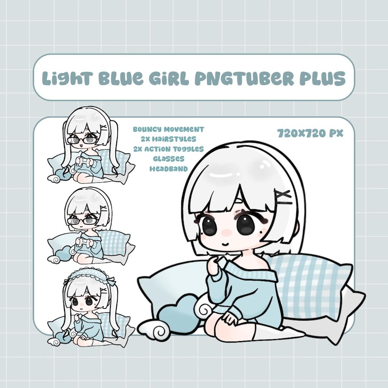 Puede incluir: Ilustraci&oacute;n digital de una chica PNGTuber azul claro con cabello blanco, sentada sobre almohadas. La imagen incluye texto que dice "Light Blue Girl PNGTuber Plus", "Bouncy Movement", "2x Hairstyles", "2x Action Toggles", "Glasses" y "Headband". La imagen es de 720x720 px.