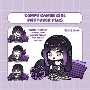 Könnte beinhalten: Ein digitales Charakter-Asset-Set mit dem Titel COMFY GAMER GIRL PNGTUBER PLUS, das eine Chibi-Figur mit dunklem Haar, violetten Highlights und Kopfhörern zeigt. Enthält Optionen für Gaming, Tassen und Brillen in 720x720 px Auflösung.