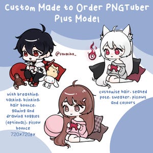 May include: Three cartoon characters, each with a different hair color and style, are shown holding a video game controller. The characters are sitting on pillows and have a variety of accessories. The text "Custom Made to Order PNGTuber Plus Model" is at the top of the image. The text "with breathing, talking, blinking, hair bounce, gaming and drawing toggles (optional), pillow bounce 720x720px" is on the left side of the image. The text "customise hair, seated pose, sweater, pillows and colours" is on the right side of the image.