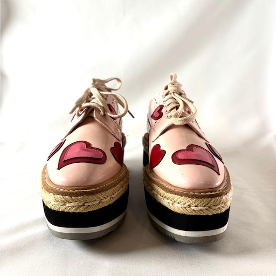 Vintage Prada Pink Heart Brogue Espadrille Platforms | Patent Leather Designer Oxfords | Coquettecore Statement Shoes