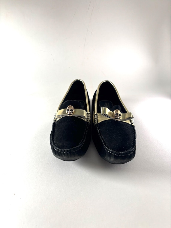Alexander McQueen Black Suede Skull Loafers Gold Hardware Designer Flats