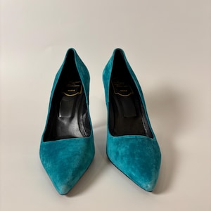 Vintage Roger Vivier Teal Suede Pumps – Paris Designer Heels,  Size 38.5