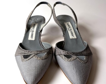 Vintage Manolo Blahnik Slingback Heels | Grey Silk & Snakeskin Trim Italian Designer Shoes size 36.5