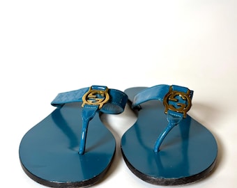 Vintage Gucci Blue Leather Signature Logo Italian Vacation Sandals – M size 36.5