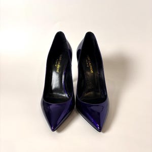 Saint Laurent Paris Purple Patent Scarpins – Salto fino de grife, YSL Stiletto, Sapatos de luxo franceses tamanho 36,5
