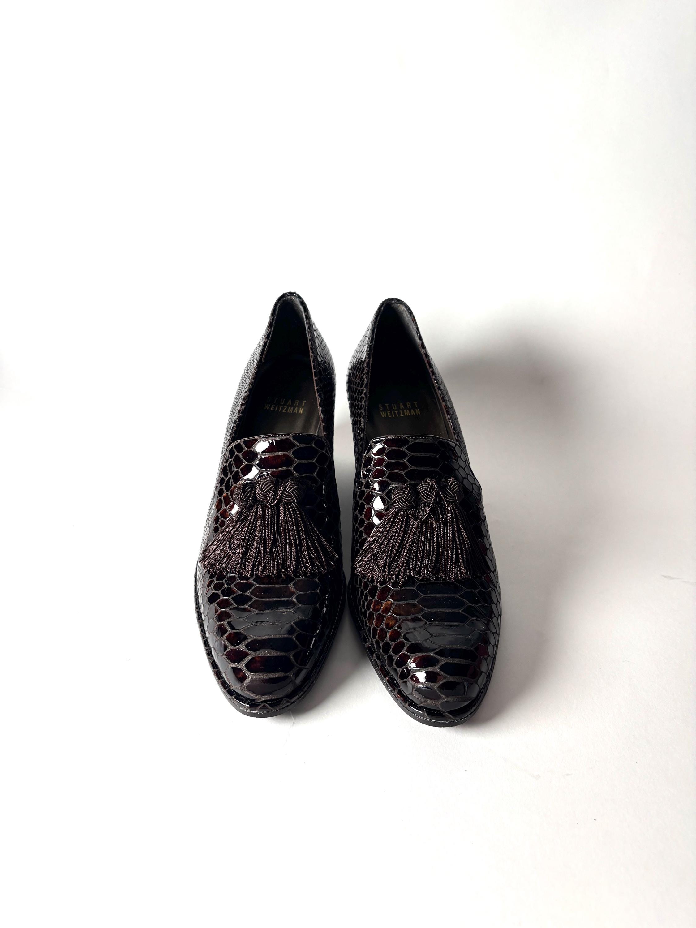 Stuart Weitzman Vintage Tassel Heeled Loafers – Embossed 