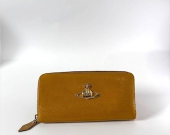 Cartera vintage de piel amarilla con cremallera y logo Orb de Vivienne Westwood – Cartera larga de viaje de diseñador