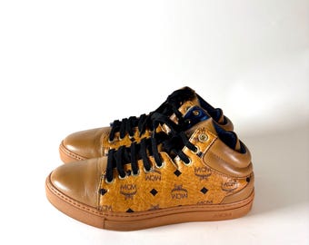 Luxury MCM Leather High-top Sneakers – Cognac Brown Monogram 