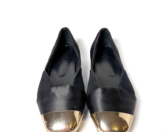 Vintage Hermès Black Satin Flats – Gold Cap Toe, Size 36