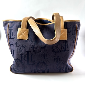 Ralph Lauren RL Logo Canvas Tote – Leather Trim, Vintage Equestrian Bag, Preppy Old Money Style