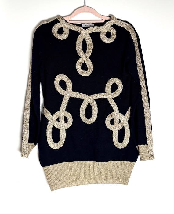 Moschino, Vintage Moschino Black Gold Rope Motif Virgin Wool Sweater | 80s 90s Knit